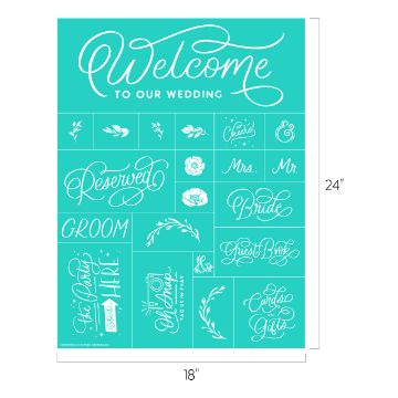 Show details for Welcome to Our Wedding A teal wedding sign measures 24 inches by 18 inches. It includes text such as "Welcome to our wedding," "Reserved," "Mr.," "Mrs.," "Groom," "Bride," "The Party is Here," and "Guest Book." Decorative floral and leaf designs are also present throughout.