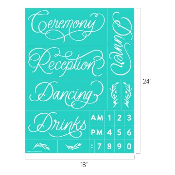 Show details for Reception A teal wedding signage template featuring calligraphic labels: "Ceremony," "Reception," "Dancing," "Drinks," and "Dinner." It includes decorative leaf motifs and numbers from 0 to 9 and letters A, M, and P. The template measures 18 inches by 24 inches.