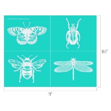 Show details for Etched Bugs An image displays four insect silhouettes on a teal background, arranged in a grid. The top-left shows a moth, the top-right a beetle, the bottom-left a bee, and the bottom-right a dragonfly. The entire image measures 11 inches by 8.5 inches.