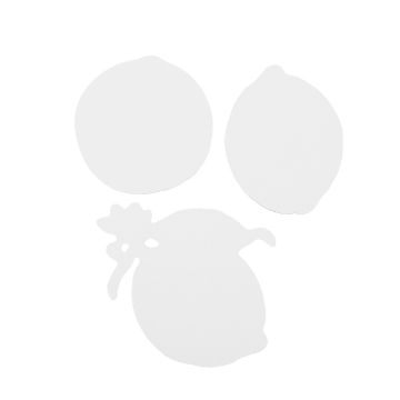 Show details for Fresh Lemonade Chalkable Shapes (3 Pieces) Three white, flat shapes on a white background. The shapes resemble the outlines of a lemon, an apple, and a pomegranate. The high-key lighting makes the shapes blend into the background.