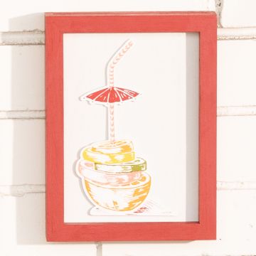 Show details for Citrus Slices A Chalk Couture transfer depicts a colorful layered beverage with a straw, a small umbrella, and a truncated lemon slice on top. The frame is red and rests against a white brick wall.