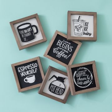 Show details for Espresso Yourself A Chalk Couture transfer featuring a collection of six framed coffee-themed quotes arranged on a teal background. The quotes include references to coffee, such as "I like big cups and I cannot lie" and "My birthstone is a coffee bean," with various coffee cup illustrations accompanying each quote.