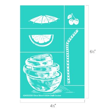 Show details for Citrus Slices An illustration featuring various citrus and cocktail-related graphics: a circular arrangement of citrus slices, a cherry pair, a halved citrus slice, and a stack of citrus rings. There is also a striped straw depicted. Dimensions: 6.5 inches by 4.5 inches. Product: transfer by Chalk Couture