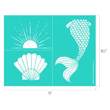 Show details for Under The Sea A teal-colored graphic features a set of three white illustrations: a sun rising over water, a seashell, and a mermaid tail. The dimensions of the graphic are 11 inches wide by 8.5 inches tall. This is the "transfer" from Chalk Couture.