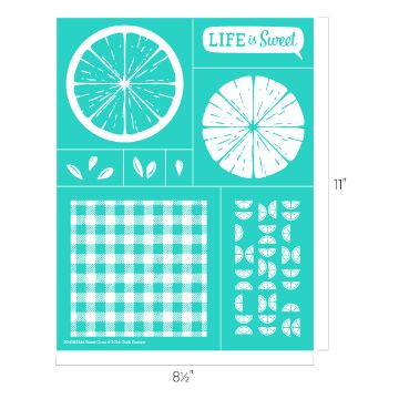 Show details for Sweet Citrus An 8.5 by 11 inch Chalk Couture transfer with various citrus-themed designs: a large citrus slice, a phrase "LIFE is Sweet," small citrus segments, several citrus seeds, a smaller complete citrus wheel, and a gingham pattern.