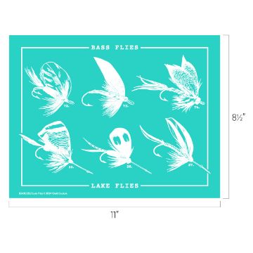 Show details for Lake Flies Turquoise rectangular transfer labeled "BASS FLIES" at the top and "LAKE FLIES" at the bottom, measuring 11 inches by 8.5 inches. The transfer displays six designs of fishing flies, each numbered: 23, 24, 25, 26, 27, and 28. This product is from Chalk Couture.