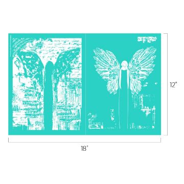Show details for Painterly Angel An image featuring two side-by-side turquoise-colored panels, each measuring 18 inches wide and 12 inches tall. The left panel displays abstract feather-like shapes, while the right panel depicts a stylized figure with detailed wings extending out using Chalk Couture's transfer.