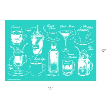 Show details for Coffee Bar A teal rectangle measuring 18" x 12" displays white illustrations of various coffee drinks with names written in script. Drinks include Americano, Frappe, Irish Coffee, Black Coffee, Double Espresso, Cold Brew, Espresso Martini, Caramel Macchiato, Flat White, and Iced Mocha. This is a transfer by Chalk Couture.