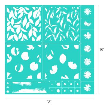 Show details for Citrus Trees An image showing a Chalk Couture transfer for crafting. The transfer measures 18" x 18" and features patterns of leaves, circular shapes, lemons, and flowers in various sizes. Each pattern is sectioned off in square and rectangular sections for easier use.