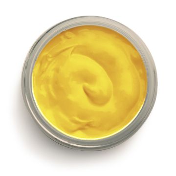 Show details for Bumblebee Ink A top-down view of an open container filled with smooth, bright yellow Chalk Couture ink. The ink's texture appears creamy, with a slight swirl pattern on the surface. The container's rim is metallic silver.