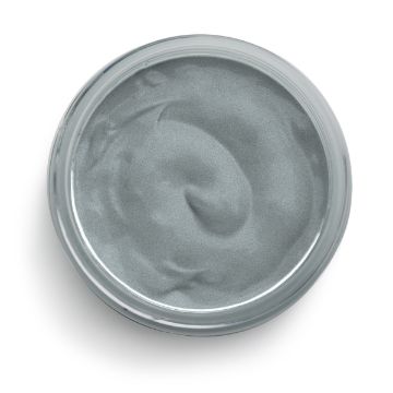 Show details for Shimmer Silver Ink A top view of an open jar filled with gray Chalk Couture ink, possibly a skincare or cosmetic product. The ink's surface appears smooth and slightly glossy with a swirl pattern in the center. The jar itself is made of clear glass.