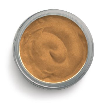 Show details for Shimmer Copper Ink A top-view image of a clear round container filled with smooth, creamy, tan-colored substance, resembling whipped or mousse-like texture. The container has a silver rim, and the ink by Chalk Couture appears soft and swirled in the center.