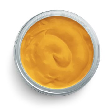 Show details for Orange Peel Ink A top-down view of an open jar filled with smooth, vibrant yellow-orange ink. The jar has a metallic rim and a glossy texture, indicating a creamy consistency. The background is white, emphasizing the color of the Chalk Couture contents.