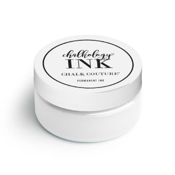 Show details for Bright White Ink A white container of Chalk Couture ink is shown. The container has a white lid with black text that reads "Chalkology Ink, Chalk Couture, Permanent Ink.