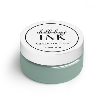 Show details for Eucalyptus Ink A small, round container of ink by Chalk Couture with a white lid. The label on the lid reads "Chalkology Ink" and "Permanent Ink." The container is filled with a teal-colored ink.