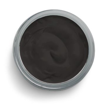 Show details for Black Velvet Paste A top-down view of an open jar filled with smooth, black, creamy substance, likely a Chalk Couture paste, with a clear lid resting on a white surface.
