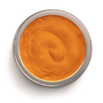 Show details for Orange Peel Paste A small, round, transparent container filled with smooth, bright orange Chalk Couture paste. The surface of the substance is swirled, suggesting it has recently been stirred. The background is plain and white.