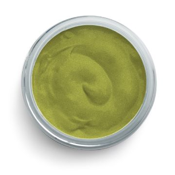 Show details for Shimmer Olive Paste An overhead view of a round jar filled with Chalk Couture paste. The paste has a smooth surface with some texture, suggesting it has been partially used or stirred. The jar is glass, and the green paste contrasts with the white background.