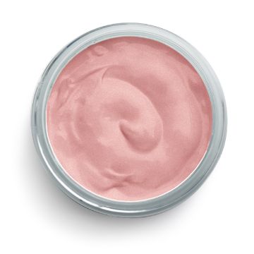 Show details for Shimmer Melon Paste A top-down view of an open jar filled with a smooth, pink creamy substance, likely a cosmetic or skincare product. The jar appears to be made of clear or frosted glass with a metal or plastic rim. The jar contains Chalk Couture paste.