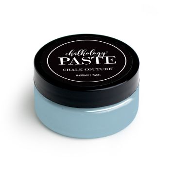 Show details for Ocean Mist Paste A small round container with a black lid labeled "paste" and "Chalk Couture." The container is filled with light blue chalk paste. The label also mentions "washable paste.