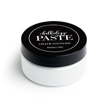 Show details for Bright White Paste A jar of white paste by Chalk Couture with a black lid. The label on the lid reads "Chalkology Paste, Chalk Couture, Washable Paste." The jar is placed against a plain, white background.