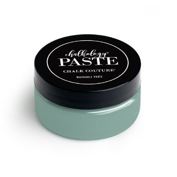Show details for Eucalyptus Paste A small container of paste from Chalk Couture. The jar has a black lid with white text and contains light blue-green washable paste.