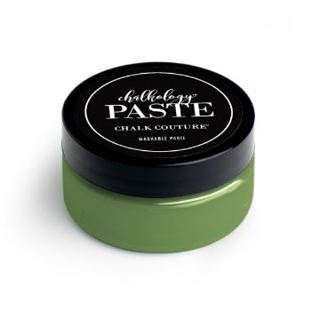 Show details for Pesto Paste A small circular container of Chalk Couture paste with a black lid and label. The paste inside is green and the label on the lid indicates it is washable paste.