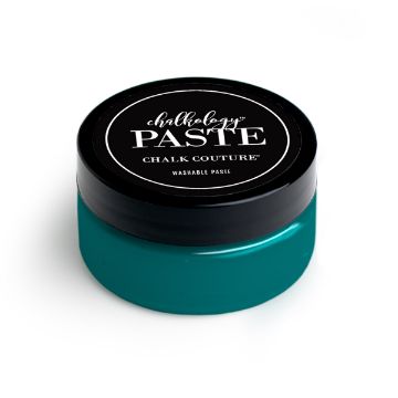 Show details for Tide Paste A round container with a black lid labeled "paste, Chalk Couture, Washable Paste." The container is filled with teal-colored paste.