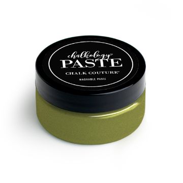 Show details for Shimmer Olive Paste A small, round container with a black lid and a label reading "paste" and "Chalk Couture," containing washable paste. The container is olive green.