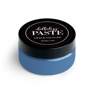 Show details for Colonial Blue Paste A round container with a black lid labeled "paste - Chalk Couture - Washable Paste" in white text. The container appears to be filled with blue chalk paste.