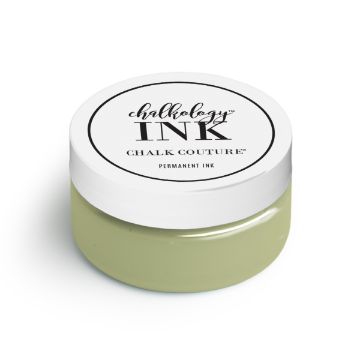 Show details for Sage Ink A small container of ink by Chalk Couture with a white screw-on lid. The container is light green and labeled as permanent ink. The lid has black text that reads "chalkology INK, CHALK COUTURE®, PERMANENT INK.