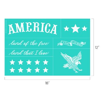 Show details for Land of The Free A teal transfer set featuring patriotic designs and text from Chalk Couture. It includes the word "AMERICA" in large, bold letters, phrases "land of the free" and "land that I love," stars, a ribbon with "Home of the Brave," and an eagle in flight. The transfer measures 18" by 12".