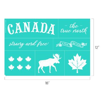 Show details for The True North A teal-colored image featuring various white graphical elements representing Canada. Text includes "CANADA", "the true north", "strong and free", "from sea to sea". Graphical elements include maple leaves and a moose. Dimensions are 18"x12". This is a Chalk Couture transfer.