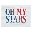 A Chalk Couture transfer features the phrase "OH MY STARS" in large, bold letters, transitioning from dark blue with star patterns to bright red. The background is a light, rustic wood texture.