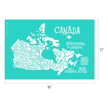 Show details for Map of Canada A stylized map of Canada with the country's name and provinces labeled in unique fonts, all on a teal background. The dimensions are marked as 18 inches wide and 12 inches tall. This product is the transfer from Chalk Couture.