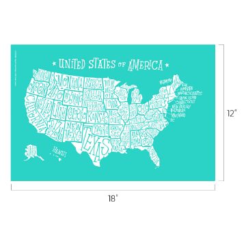 Show details for Map of United States A teal rectangular illustration of the United States map with state names written in white, arranged to fit within their geographic boundaries. The map includes Alaska and Hawaii. Dimensions are 18 inches wide by 12 inches high. "United States of America" is printed at the top. This is the Chalk Couture transfer.