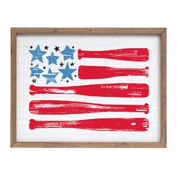Show details for Star-Spangled Batter A Chalk Couture transfer featuring a stylized American flag with blue stars and red stripes. The stars and stripes have a painterly, brushstroke effect. The flag is set against a white background with a wooden frame.
