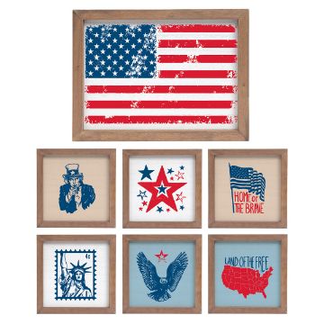 Show details for Americana Icons A collage of six framed images with American patriotic themes. Top frame: worn American flag. Bottom frames: Uncle Sam, stars, "Home of the Brave" with flag, Statue of Liberty postage stamp, eagle, and "Land of the Free" with map of USA. **Transfer Name**: transfer **Brand Name**: Chalk Couture