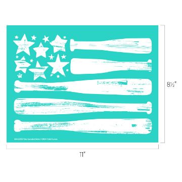 Show details for Star-Spangled Batter A Chalk Couture transfer with a turquoise background featuring a design of the American flag. The stars are made from a weathered texture, and the stripes are represented by outlined baseball bats. Dimensions are 11 inches wide by 8.5 inches tall.