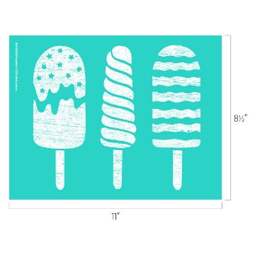 Show details for Popsicles An image of a turquoise Chalk Couture transfer featuring three ice cream popsicle designs with textured patterns. The transfer measures 11 inches in width and 8.5 inches in height.