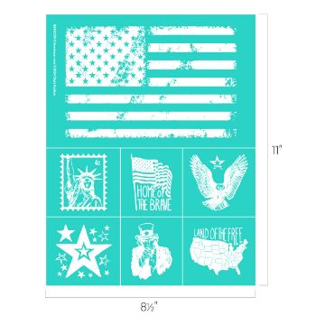 Show details for Americana Icons A turquoise Chalk Couture transfer with seven designs including an American flag, the Statue of Liberty, the phrase "Home of the Brave" with a flag, an eagle, stars, Uncle Sam, and a US map with "Land of the Free." Sheet dimensions are 8.5 by 11 inches.
