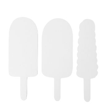Show details for Popsicles Chalkable Shapes (3 Pieces) Three white blank cardboard ice cream cutouts: one classic popsicle shape on the left, one with a rounded top in the middle, and one with a wavy texture on the right, all have stick handles.