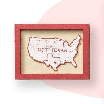Show details for Not Texas A framed artwork depicting a map of the contiguous United States with the words "NOT TEXAS" written over it. The state of Texas is highlighted and separated, situated below with a heart symbol, all in a red and white color scheme.