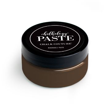 Show details for Espresso Paste A round container with a black lid labeled "chalkology PASTE, CHALK COUTURE, WASHABLE PASTE." The container appears to be filled with brown chalk paste.