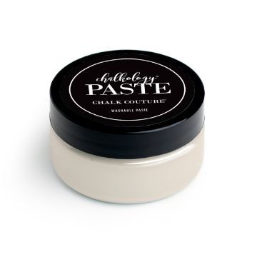 Show details for Vanilla Paste A round container of Chalkology Paste by Chalk Couture with a black lid featuring the label. The beige-colored paste is visible through the transparent lower portion of the container. The text "Washable Paste" is written on the label.