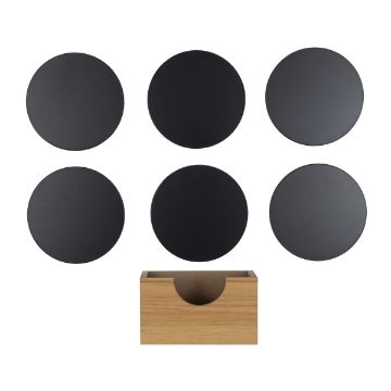 Show details for Coaster Set (Black, 7 Pieces) The image shows six round, black coasters arranged in two rows of three, placed above a rectangular wooden holder with a semi-circular cut at the front to store the coasters. The holder is positioned at the bottom center of the image.