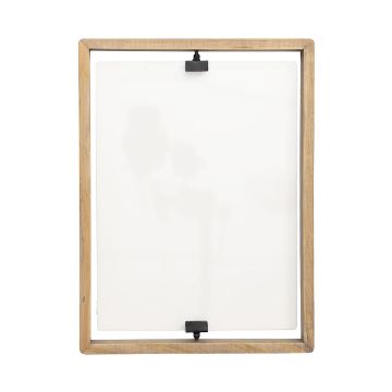Show details for Floating Frame Bundle (9" x 12") A blank, white paper held in place by black clips is framed within a simple wooden frame. The frame's light wood has a natural, unfinished look. The background is plain and white. The image has a minimalist and clean design.