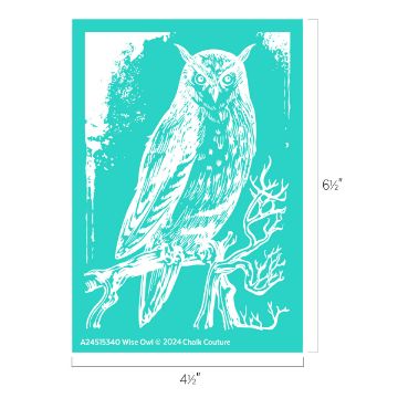 Show details for Wise Owl Illustration of an owl perched on a branch, with intricate details in its feathers and the surrounding foliage. The background is teal, and the dimensions of the image are 4.5 inches in width and 6.5 inches in height. Text reads "A24515340 Wise Owl © 2024 Chalk Couture.