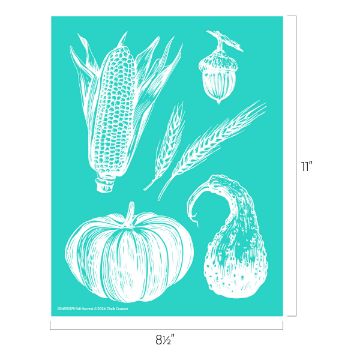Show details for Fall Harvest An illustration on a turquoise background features white sketches of fall harvest items, including an ear of corn, a pumpkin, a gourd, a mushroom, and two wheat stalks. The dimensions of the illustration are 8.5 inches in width and 11 inches in height.