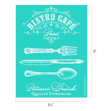 Show details for Bistro Café A turquoise poster with white decorative text and vintage cutlery illustrations. The text reads "Bistro Café Paris" at the top, "Patisserie Fraîche Qualité Supérieure" at the bottom. The dimensions are marked as 8 1/2 inches by 11 inches.